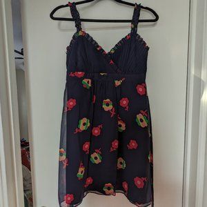 Betsey Johnson Size 6 Navy Blue Floral Silk Mini Dress Sun Dress